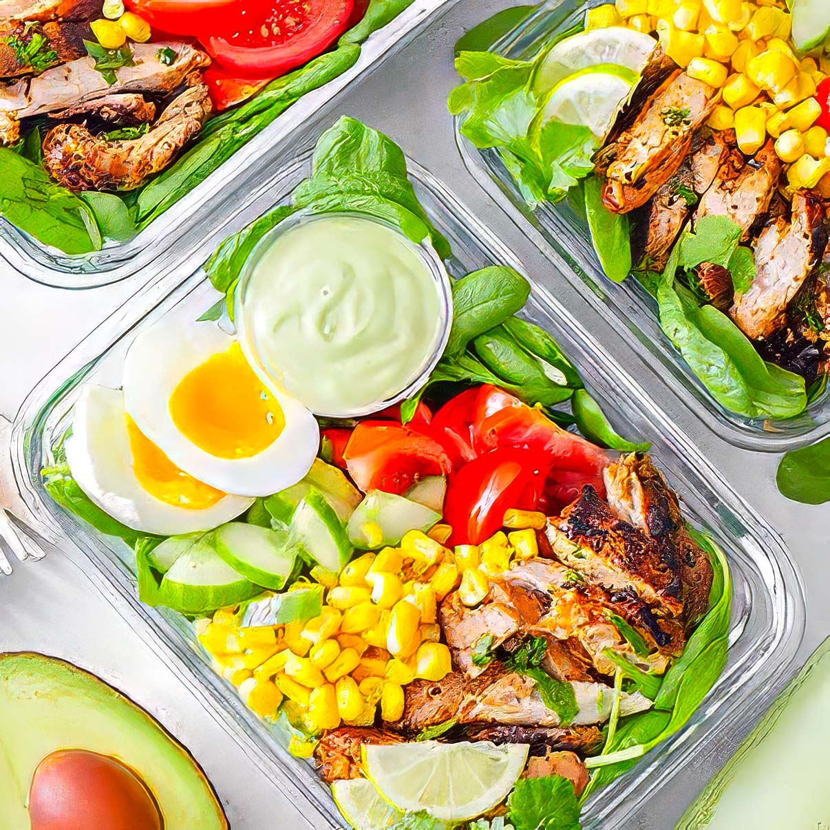 Packages of chicken cobb salad from an overhead view