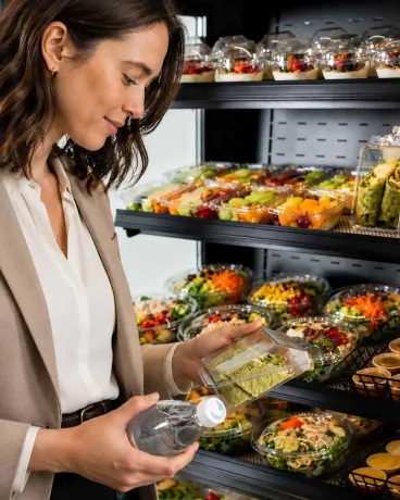 A woman is selecting a prepackaged meal and holding a bottle of water in a refrigerated display case filled with various ready-to-eat foods.
