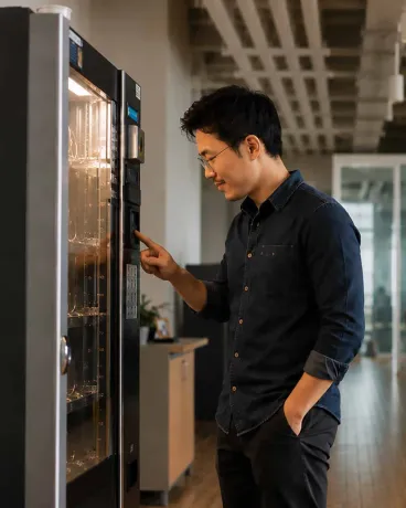 Happy man using vending machine and smiling