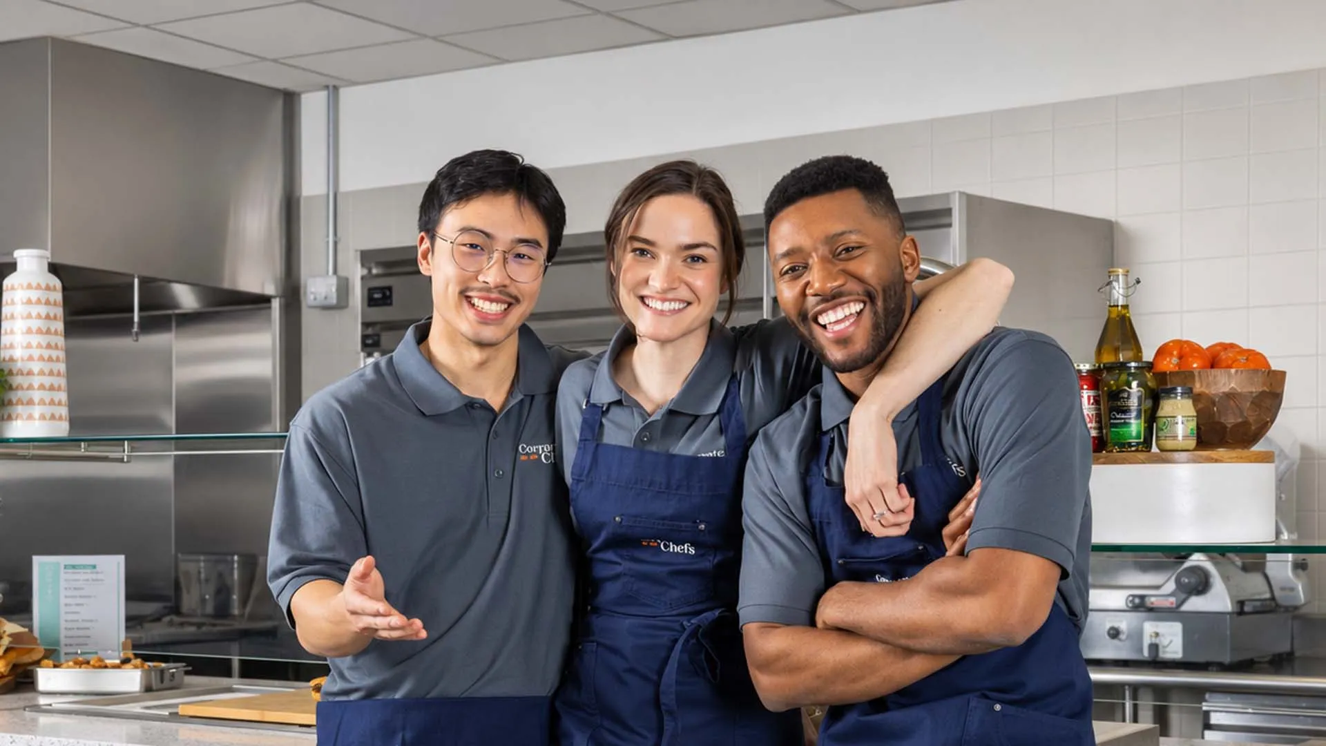 Three smiling café workers standing close together behind a counter in a kitchen or food service setting, with two men and one woman wearing matching uniforms and aprons.