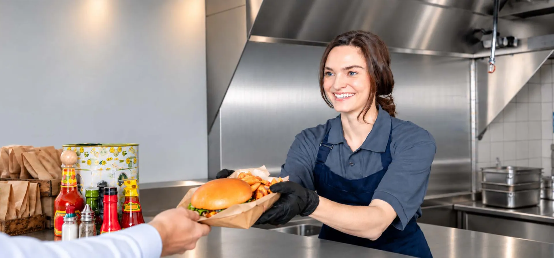 Server handing food to customer over counter