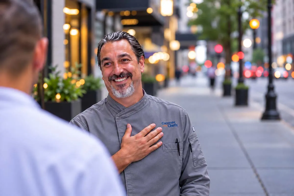 Corporate Chefs chef in a gray uniform smiling while speaking with someone on a city sidewalk.