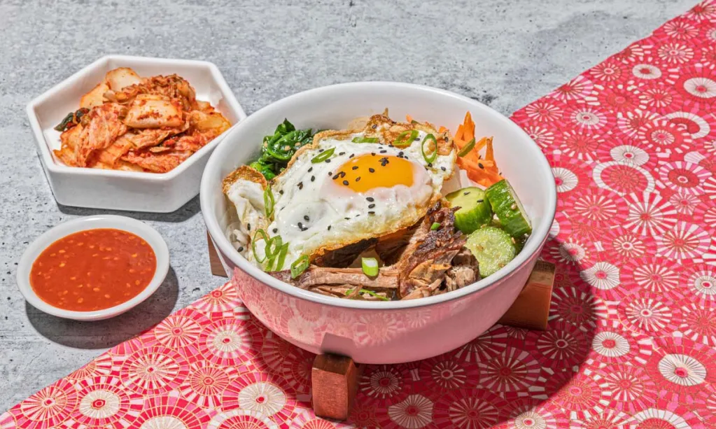 Korean rice bowl with kimchi or a decorative placement
