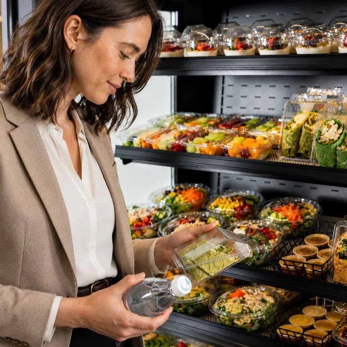 A woman is selecting a prepackaged meal and holding a bottle of water in a refrigerated display case filled with various ready-to-eat foods.