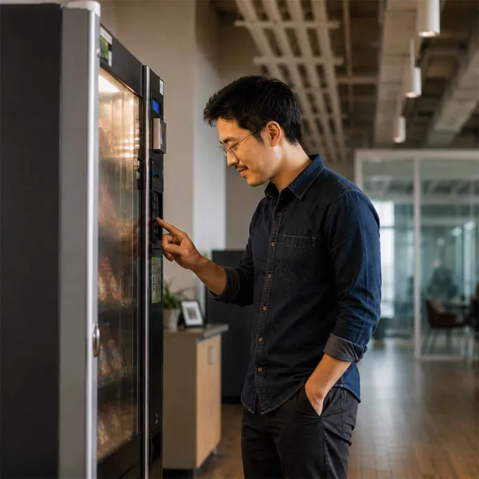 Happy man using vending machine and smiling