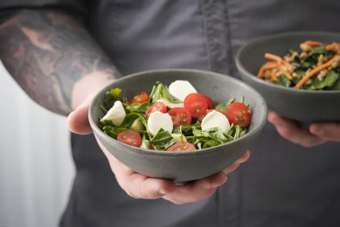A person with a tattooed arm is holding two bowls of fresh salad, one filled with cherry tomatoes, mozzarella, and greens, while standing in a neutral indoor setting.